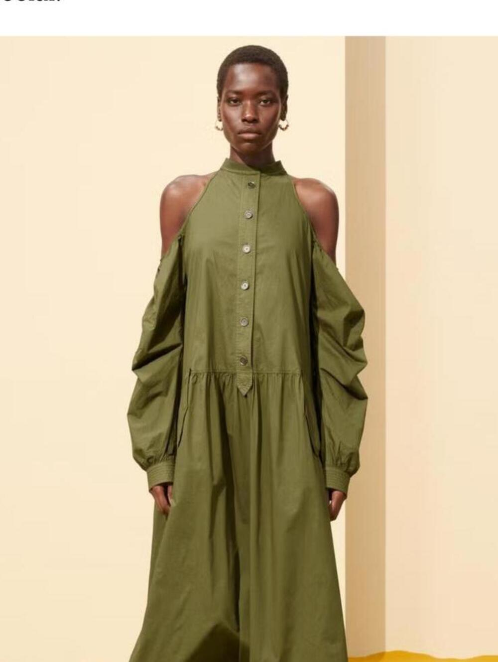 Zara SRPLS Olive Green Cold Shoulder Button Front Midi Dress- XS